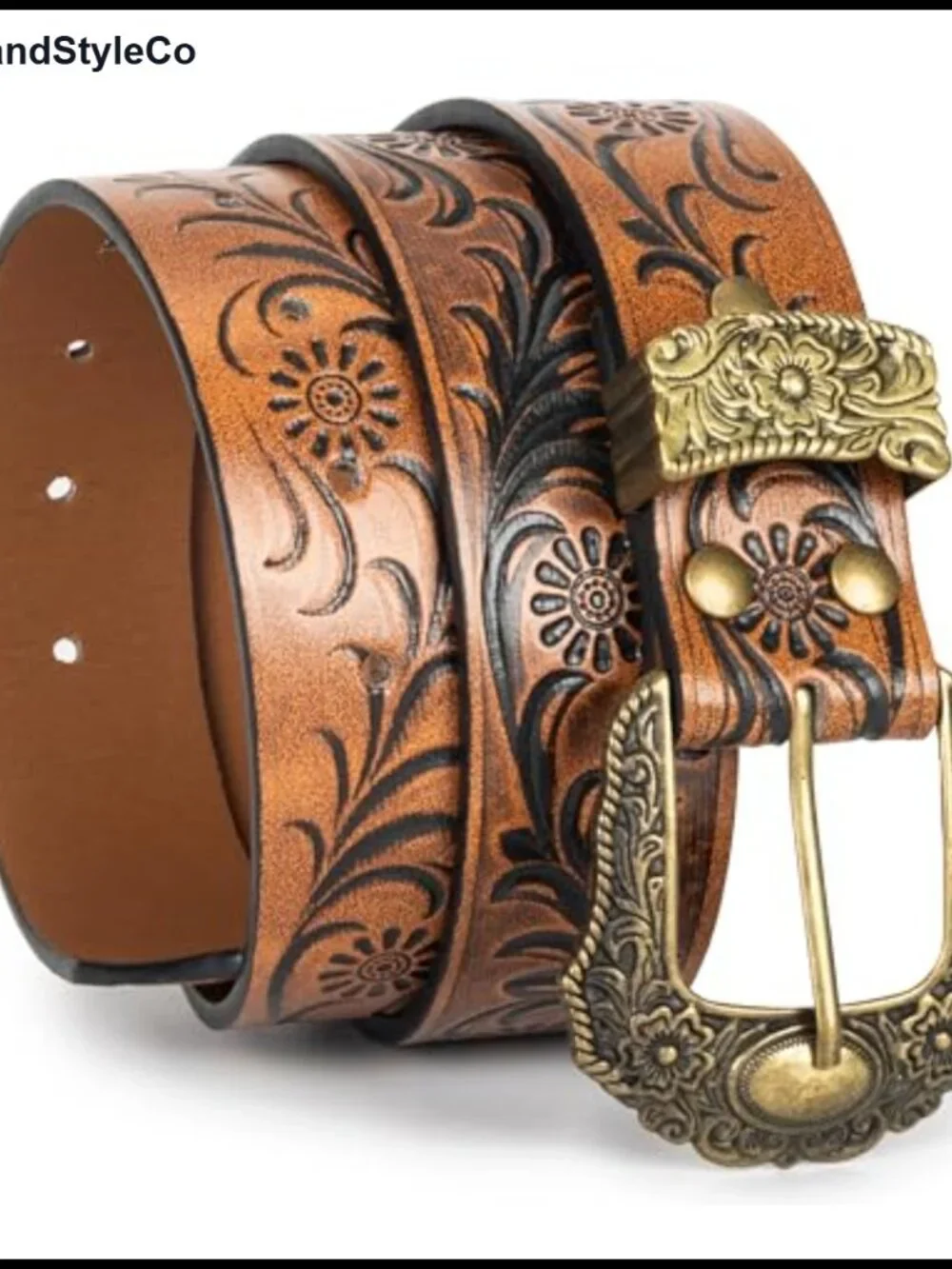 Western Cowboy Belt Faux Leather Carved 9 Hole Adjustable
